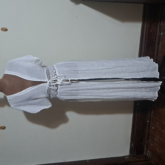 Other - B32 Boho Kimono Swim Coverup OSFM White Tie Front Lace Patchwork Cap Sleeve